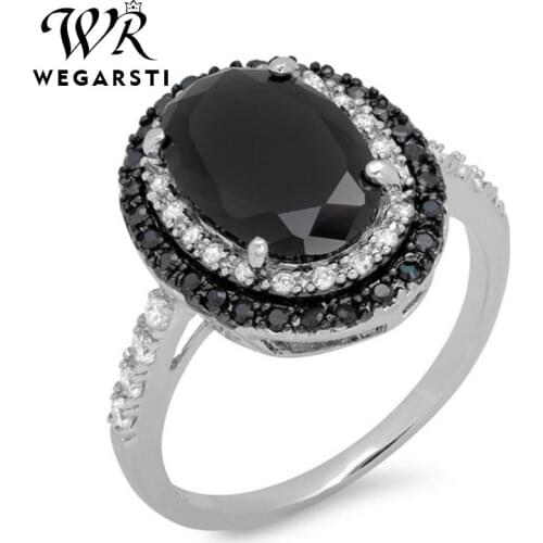 WEGARSTI Black Spinel Ring Sterling Silver 925 Fine Jewelry Black Gemstone Rings For Women Oval Shaped Zircon Gift Wholesale