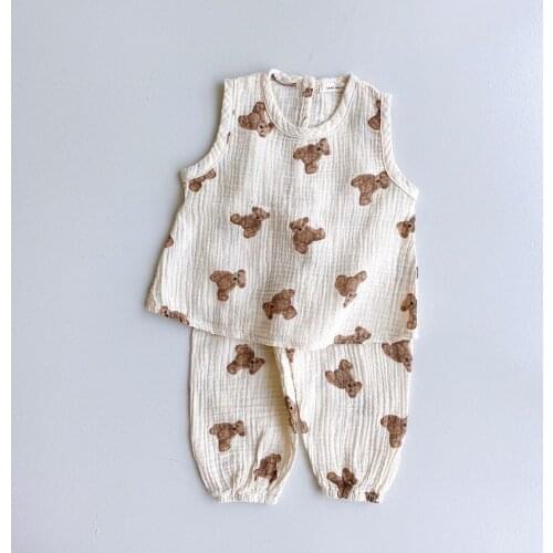Toddler Baby Boy Girl Summer New Clothes Set Fashion Cartoon Bear Pattern Cotton Sleeveless Tops + Kid Casual Loose Pant 2pcs
