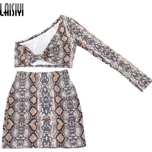 LAISIYI Fashion Snake 2 Two Piece Set Women Autumn One Shoulder Crop Top High Waist Skirt Set Sexy Club Party Print Clothing Hot