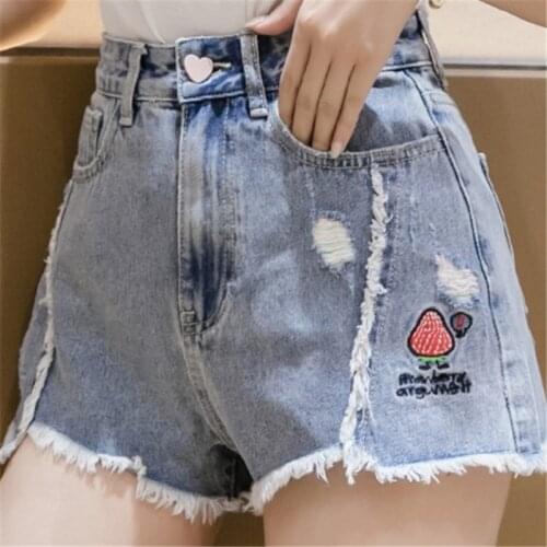 Best Sale Embroidered Denim Shorts College Wind Raw Edge Wide-leg High Waist Student Female Shorts 2020 New Jeans Shorts