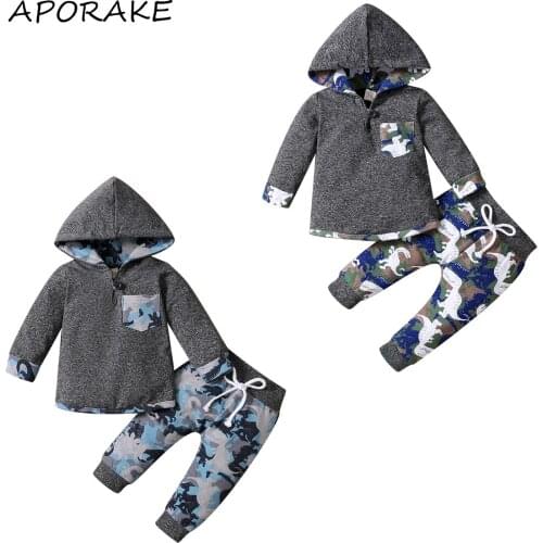 2021 0-4Y Casual Kids Baby Boy Clothes Set Patch Long Sleeve Hooded Top Sweatshirt+Camouflage/Dinosuar Print Pants Fall 2pcs