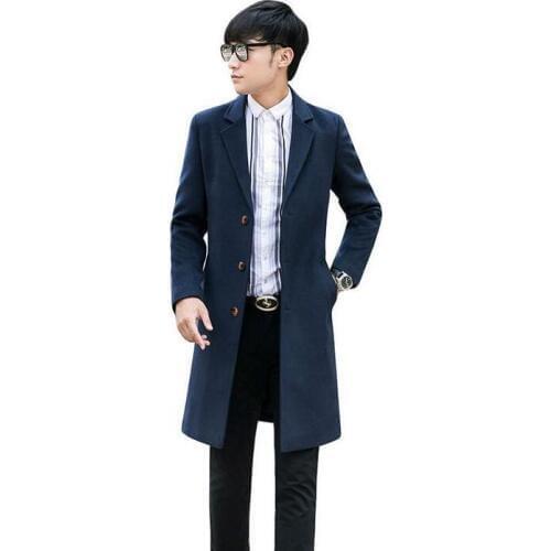 Korean mens coat business casual suit collar long coat mens single-breasted woolen coats khaki mens cashmere coat black blue 9XL