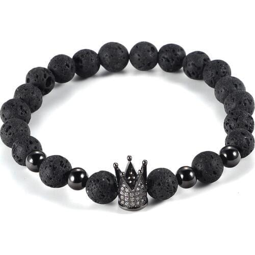New Trendy CZ Crystal Crown Buddha Beads Bracelets Bangles Black Lava Stone Charm Strand Bracelets For Women Men Jewelry
