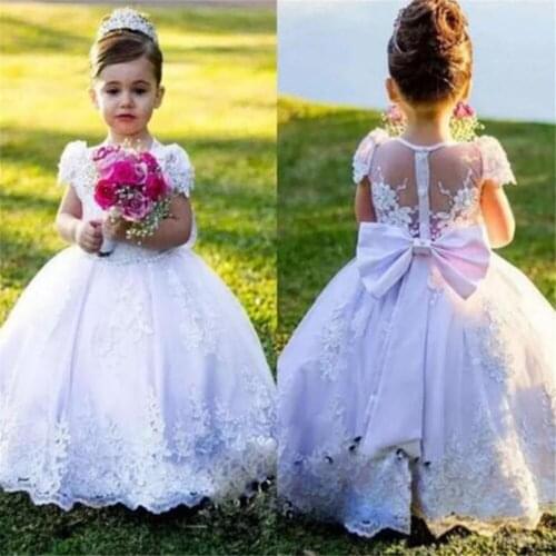 White Flower Girls Dress Lace Appliques Tulle Floor Length Backless First Communion fluffy party Dresses