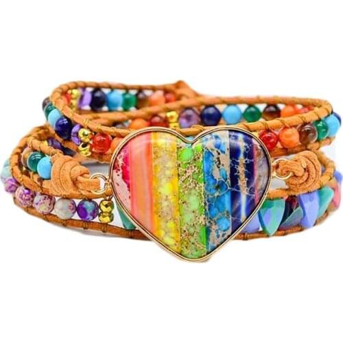 Romantic Spiritual Chakra Leather Wrap Bracelets Mix Stone Heart Shape 3 Strands Bracelet Classic Jewelry Bijoux Dropshipping