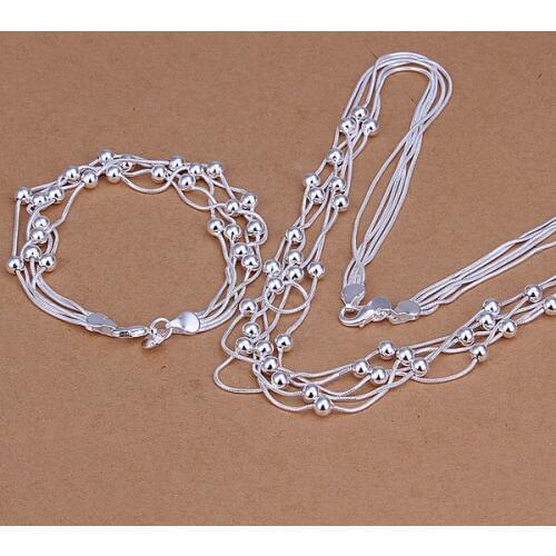 S925 Silver color light beads two-piece set of simple spherical foreign trade suit - necklace + bracelet bridal jewelry