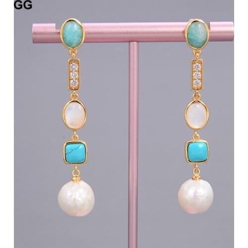 GuaiGuai Jewelry 2.3'' White Keshi Pearl White Shell Blue Turquoises Amazonite Drop Stud Earrings