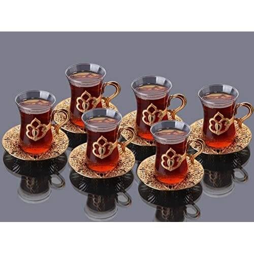 LaModaHome Turkish Arabic Tea of Glasses Set of 6 with Gold Holders and Saucers - Fancy Vintage Handmade Set, glass Tea Cup, Gift