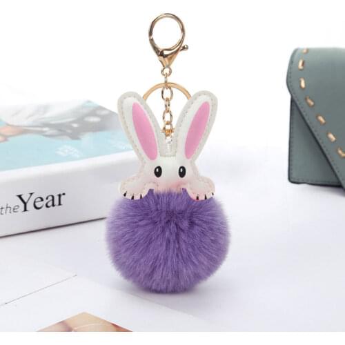 Cute cartoon rabbit keychain pendant car keychain artificial rabbit fur ball pompons keychain handbag women plush keychain