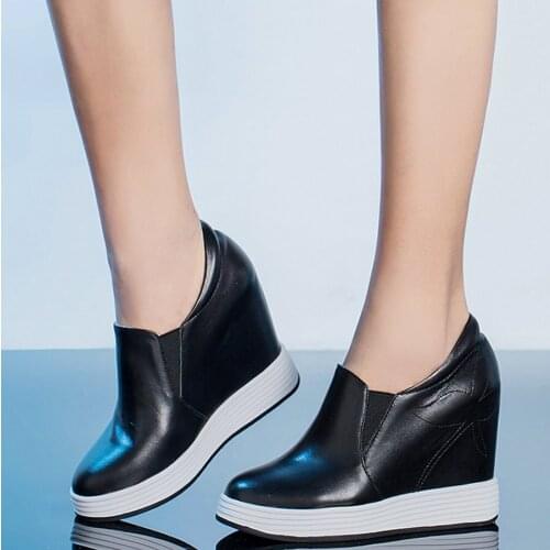 Platform Oxfords Shoes Women Genuine Leather Wedges High Heel Ankle Boots Female Slip On Round Toe Fashion Sneakers Casual Shoes