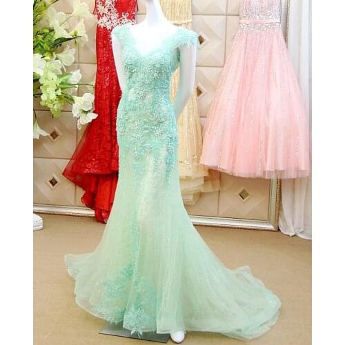 A line V neck Beading Crystal Tulle Floor Length Muslim Evening Dress 2021 New Arrival Custom Made ZX6