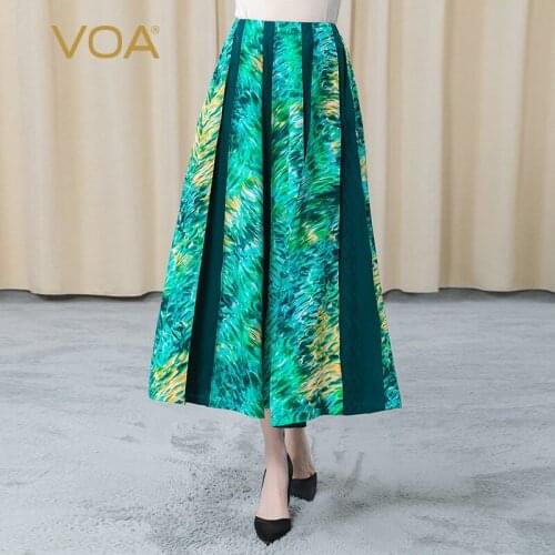 VOA 100% Silk 30m/m 3D Color Printing Dark Green Jacquard Bump Splicing Retro Elegant A-Line Skirt CE69 Faldas Mujer Moda 2021