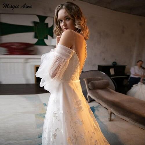 Magic Awn Full Puff Sleeves Beach Wedding Dresses Lace Appliques Illusion Back Boho A-Line Bridal Gowns Customized Vestidos Boda