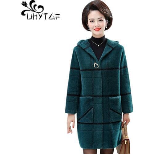UHYTGF Quality double-sided cashmere Autumn winter coat female hooded 6XL plus size jacket Mink Cashmere windbreaker women 1064