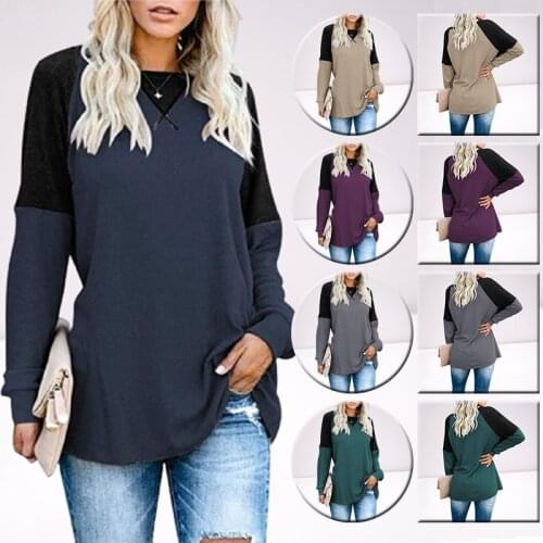 Winter Autumn Patchwork O Neck Solid Color Tops Womens Fashion Casual Loose Plus Size Tees Tunic T Shirt Long Sleeved Pullovers