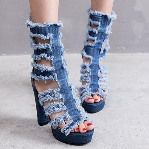 Summer Women boots Denim Peep Toe Super High Heels solid Mid Calf Platform Rubber Zipper Ladies Wedding Shoes zapatos mujer