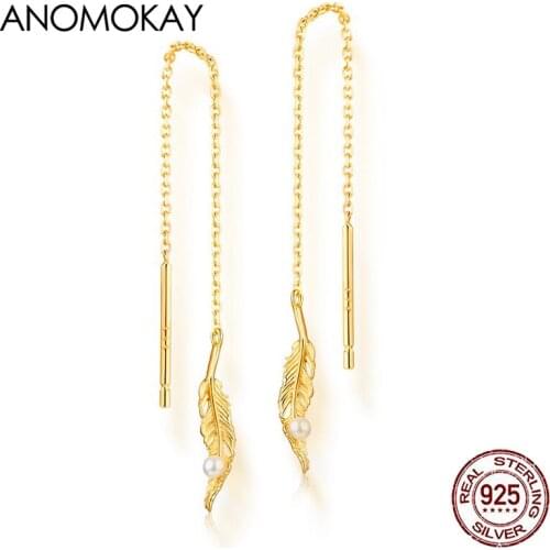 Anomokay Trendy Leaf Pendant with Pearl Gold Color Long Earrings Real 925 Silver Long Earring for Women Fashion Gift