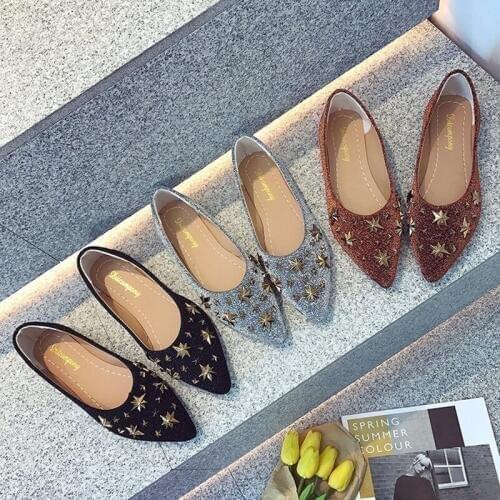 New women flats casual fashion shoes slop on pointed toe vintage for spring autumn solid office lady brand black silver brown