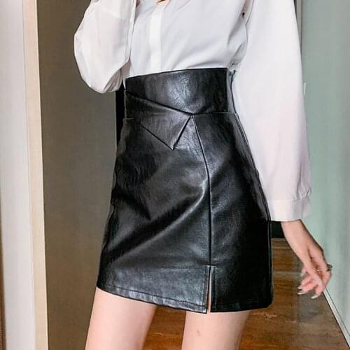 Skirts Womens 2021 Black Leather Mini Skirt Split Fork High Waist A-line Sexy Faldas Cortas Pu Soild Slim Korean Jupe Femme