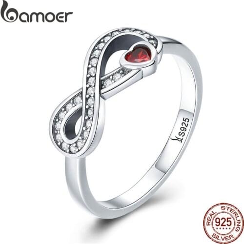 BAMOER 100% 925 Sterling Silver Infinity Love Forever Heart Clear CZ Finger Ring for Women Wedding Engagement Jewelry SCR415