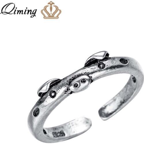 QIMING Antique Thai fashion Pig Rings For Women Ladies Cute Animal Pet Lover Knuckle Adjustable Vintage Ring Female Party Gift