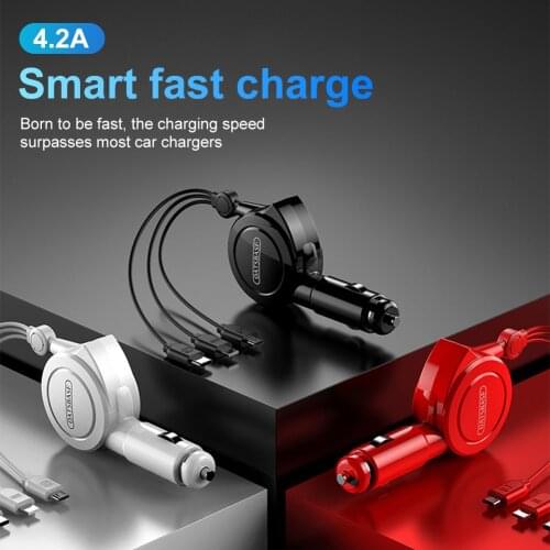 12V Car Charger USB Charger with Retractable Charging Cables PD Fast Charging Huawei Android/iOS with Cigarette lighter Input