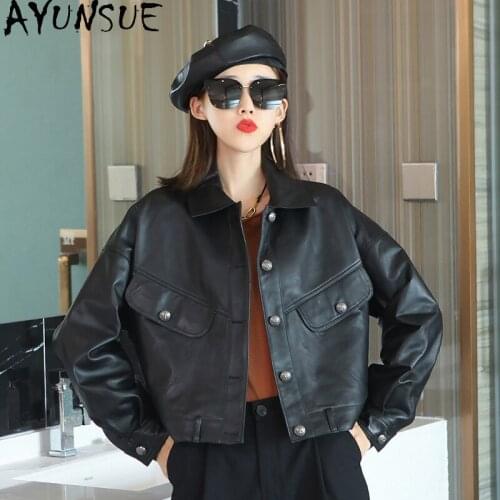 AYUNSUE 2021 Natural Sheepskin Jackets Woman Genuine Leather Coats Famale Short Slim Casual Jacket Women Veste Cuir Femme SQQ53