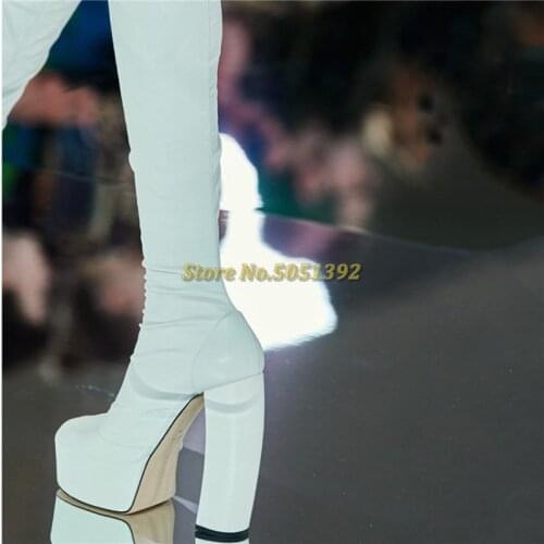 Block Heel Platform Stretch Long Boots Square Toe Chunky Heel Solid Runway Women Dress Boots Zipper New Arrivals Boots Stylish