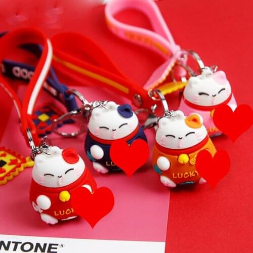 2021 Cute Maneki Neko Lucky Cat Fortune Resin Keychain Key Chain wristband For Women Bag Car Pendent Charms D537