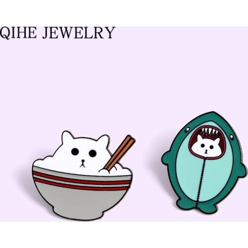 Shark Cat Enamel Pins Cute Naughty White Kitten Cat in bowl Brooches Cartoon Animal Badges Jewelry Pin Wholesale