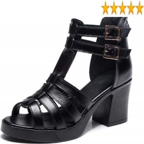 Black White High Heel Gladiator Sandals Hollow Out Ankle Peep Toe Buckle Summer Women Casual Shoes Plus Size