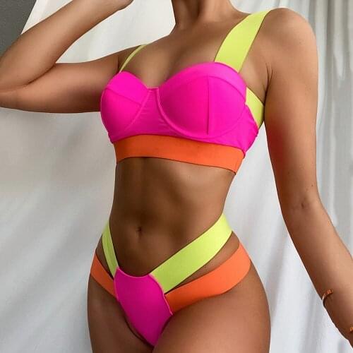 Color Patchwork Push Up Swimsuits Women Bikini Set Splicing Bandage Swimwear Beachwear Biquini Swimming Suits Bikinis 2021 Mujer