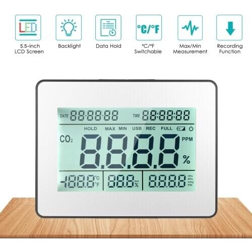 Carbon Dioxide Detector Air Quality Monitor Meter with Data Logging Clock Function 5.5inch Large LCD Wall Mountable CO2 Detector