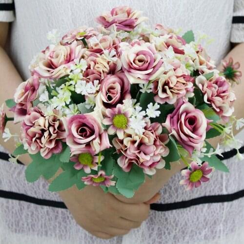 Artificial flowers retro silk rose bouquet hydrangea peony retro bridal bouquet fake flowers home wedding decoration christmas a