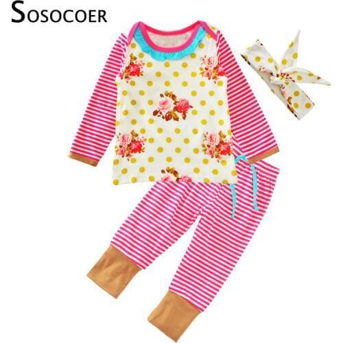 SOSOCOER Flower Baby Girl Clothing Set 2017 Autumn Floral T Shirts+Stripe Pants+Polka Dot Headband 3pcs Kids Girls Clothes Sets