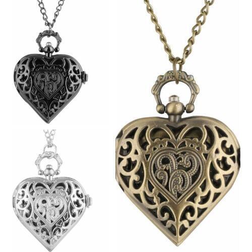 LOVE Heart Shape Quartz Pocket Watch Bronze/Silver/Black Necklace Pendant Chain Ladies Watch Best Souvenir Gifts for Girls Women