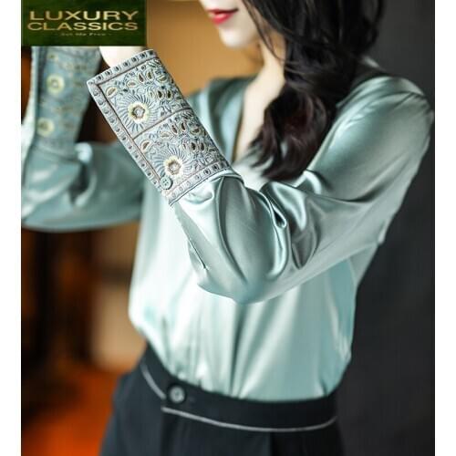 Summer 100% Real Spring Silk Blouse Women Blusas Mujer De Moda 2021 Elegant Ladies Vintage Shirt Tops Female Clothes 1237