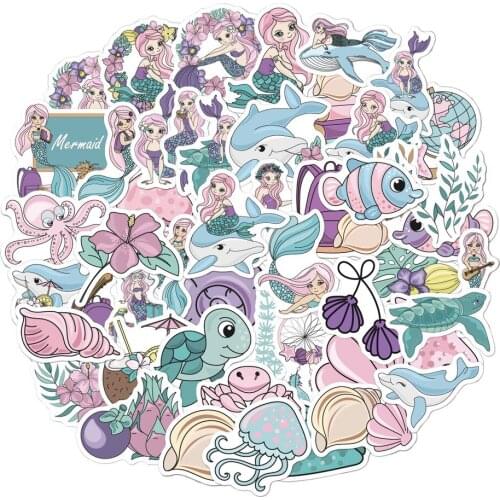 50Pcs Mermaid and Ocean Animal Graffiti Stickers for Notebook Motorcycle Skateboard Computer Mobile Phone Cartoon Toy Box