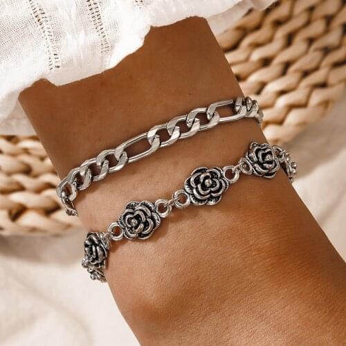 Tocona 2pcs/sets New Trendy Flowers Bracelets for Women Vintage Silver Color Alloy Metal Adjustable Jewelry Accessories 18228
