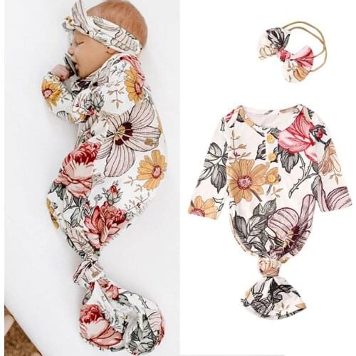 Newborn Infant Baby Girls Boys Sleeping Bags Flowers Print Long Sleeve Cotton Swaddle Wrap Sleepwear Robe+Headband 0-6M