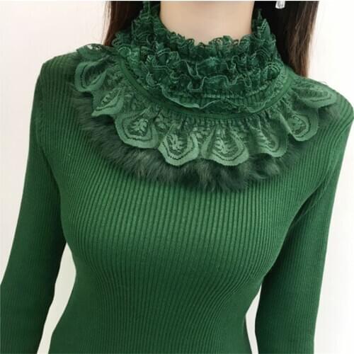 Autumn Winter Women Sweater Pullover 2020 New Lace Botto shirt Long Sleeve Ruffled Slim Pull Knit Half Turtleneck Sweater Female