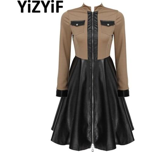 Vintage Autumn Winter Women PU Leather Patchwork A-Line Sexy Party Dress Stand Collar Zipper Ladies Long Sleeve Mini Vestidos