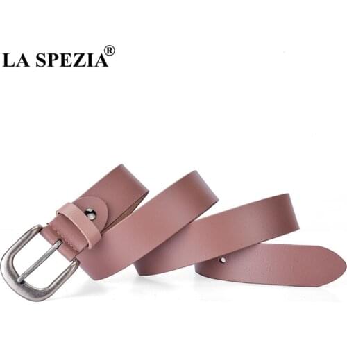 LA SPEZIA Pink Belt Women Genuine Cowskin Leather Solid Belt for Trousers Female Pin Buckle High Quality Ladies Waist Belts 110