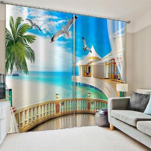 Nature scenery Luxury Blackout 3D Window Curtains For Living Room Bedroom blue beach curtains