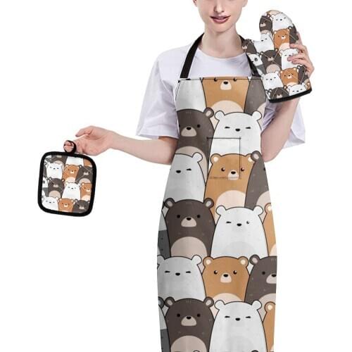 Lovely Cartoon Bear Print Gloves for Baking Microwave Heat Insulation with Mat and Apron 3pcs Anti-Hot Kitchen Cook Accessories
