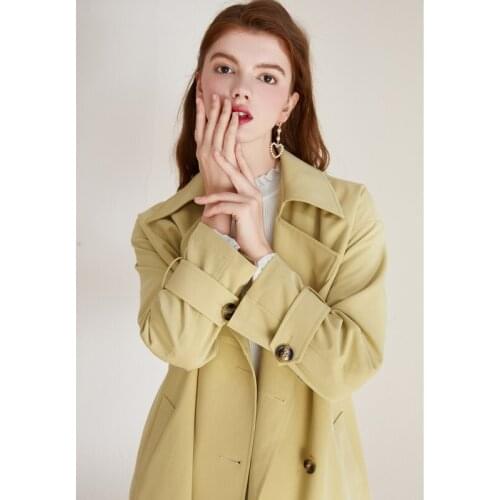 Fall in Love with Blue New Yellow Lapel Double Breasted Classic Mid Length Lace Up Windbreaker