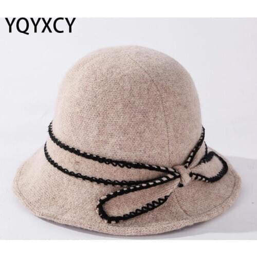 YQYXCY Wool Bucket Hat Womens Winter Knitted Cap Thick Warm Fisherman Hat For Women Bow Bob Hat Female Retro Solid Color New