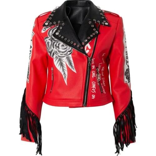 Women Spring Flower Pattern Red PU Leather Jacket With Ring and Tassels Rivet Motorcycle Coats and Jackets DJ Club Jacket