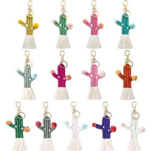 Handmade Knitted Cotton Thread Wrapped Tassel Cactus Keychain for Women Fashion Boho Style Boutique Jewelry Wholesale
