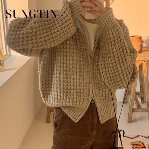 Sungtin Korean Knitted Cardigan Women Vintage Chic Loose Sweater Female Casual Warm Solid Jumpers Zipper Boyfriend 3 Colors New